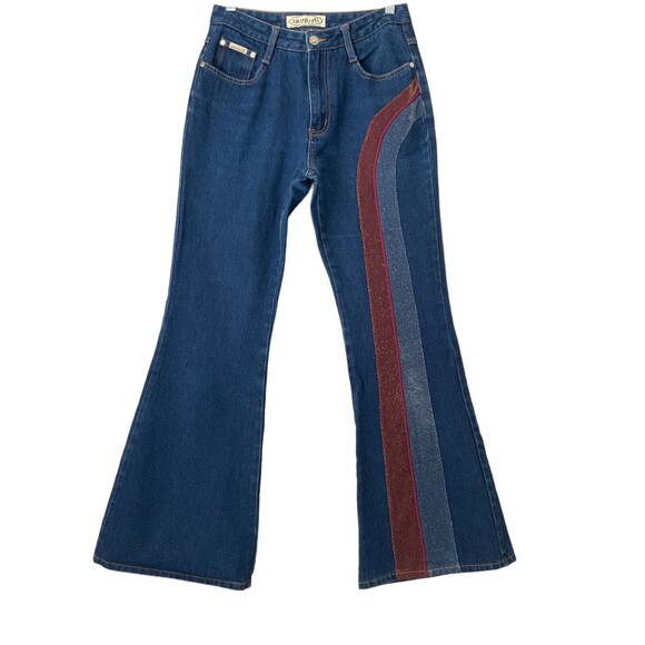 Zana.di Jeans Women Size 7/8 Blue Flare Leg Double Glitter Stripe - Picture 1 of 10